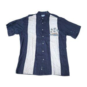 VTG Windham Pointe Cuban Black Striped Palm Print Mens Sz M Button-up Shirt